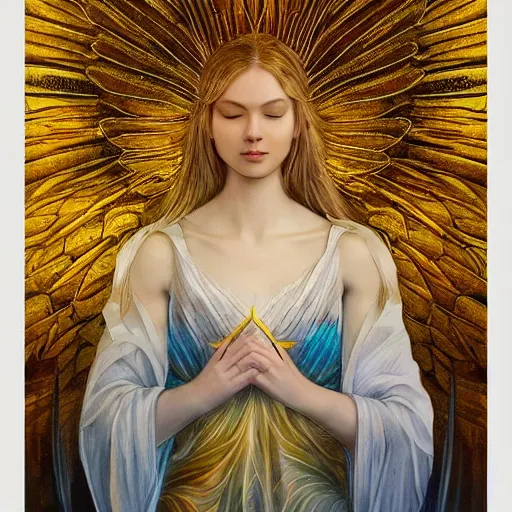 Prompt: a beautiful!!! angel made of origami with a bright gilded halo and white feathery wings, a masterpiece!! matte painting, inspired by watercolor and stained glass, inspired by karol bak, trending on artstation, crepuscular rays, somber, bokeh, vray