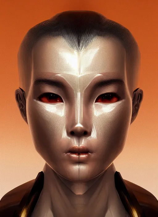 Image similar to beautiful portrait of an alien cyborg, style of Feng Zhu, Artstation geometric, aesthetic, smooth skin, unique features, symmetrical, intricate crown, high fashion, streetwear, cyberpunk, detailed, octane render, cinematic, 8k, brown skin, full lips,