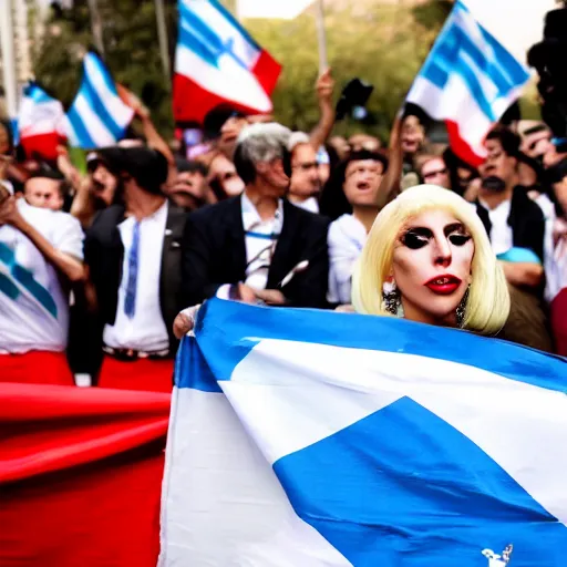 Image similar to Lady Gaga as president, Argentina presidential rally, Argentine flags behind, bokeh, detailed face, Argentina