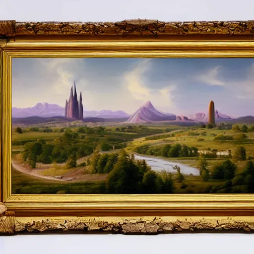 Image similar to a wide angle landscape of a prairie with a very large thin spire mountain in the distance and a wide river running in the middle of the frame with a city upon the river in the style of rococo digital painting