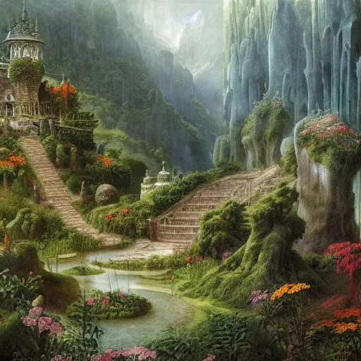 Image similar to a beautiful and highly detailed matte painting of a magical garden deep in the misty mountains, intricate details, epic scale, insanely complex, 8 k, sharp focus, hyperrealism, by caspar friedrich,