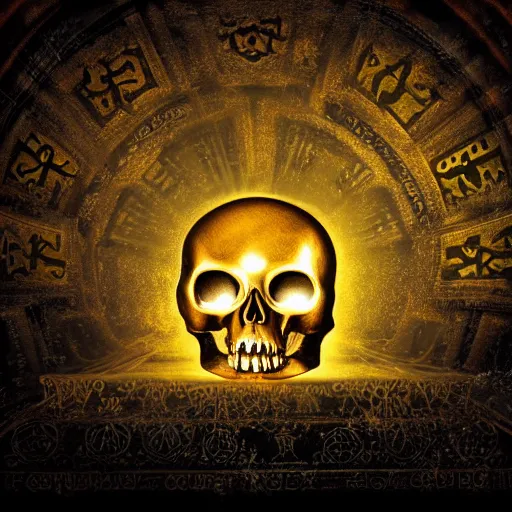 Prompt: a dark ominous chiaroscuro baroque still life photo of a ray of god light shining on a floating golden skull completely covered in ancient runic engravings inscriptions about prophecies, spells, ominous darkness background. weirdcore