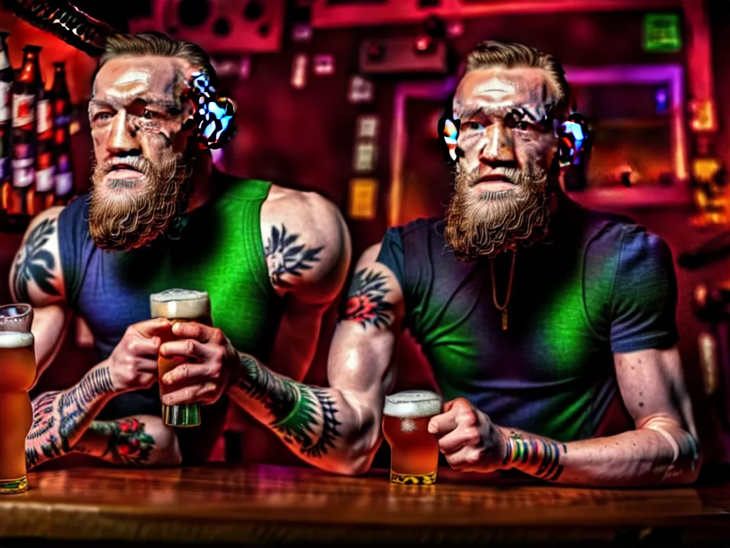 Image similar to a well framed portrait of conor mcgregor drinking a beer in an irish pub with a neon bar, laser lighting, trending on art station, in the style of the movie heat with al pacino, volumetric lighting & shadows, hyper detailed, digital art, unreal engine, 4 0 0 mm f 1. 8,