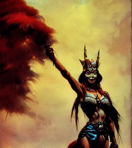 Prompt: evil princess of the wasteland, scrap metal headdress, strong line, deep color, cloudy sky, beautiful! coherent! by brom, by frank frazetta, low angle