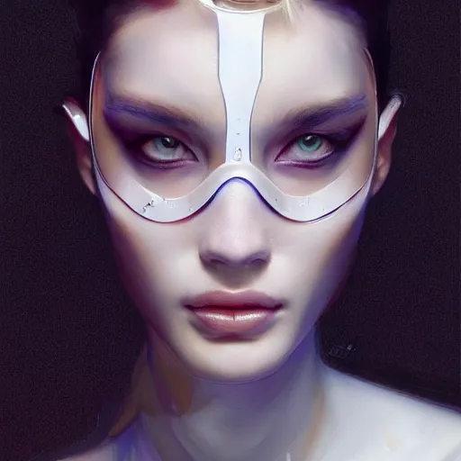 Image similar to A masterpiece portrait of a Incredibly beautiful futuristic high fashion model girl with designer mask. Vogue. trending on artstation, digital art, by Stanley Artgerm Lau, WLOP, Rossdraws, James Jean, Andrei Riabovitchev, Marc Simonetti, Yoshitaka Amano