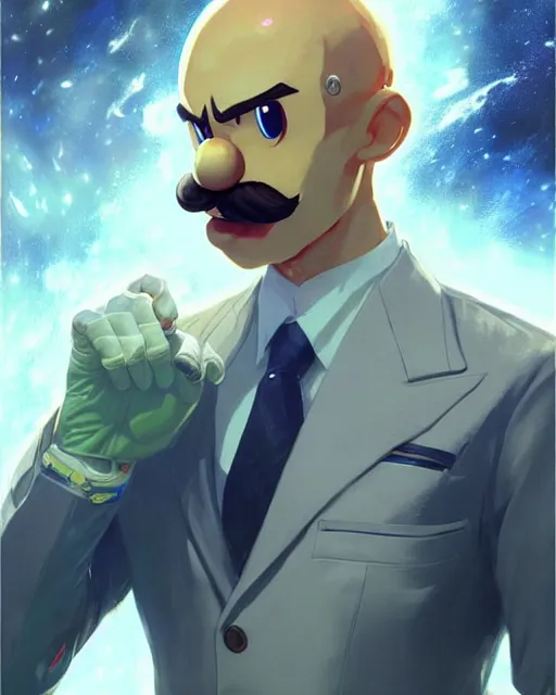 Prompt: gigachad luigi wearing a suit in the space lab, fantasy character portrait, ultra realistic, anime key visual like saitama, concept art, intricate details, highly detailed by greg rutkowski, ilya kuvshinov, gaston bussiere, craig mullins, simon bisley