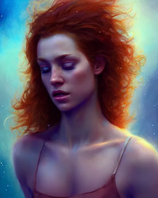 Prompt: actress wearing halter top, perfect face, flowing ginger hair, abs, cinematic, stunning, athletic, strong, agile, highly detailed, psychedelic, digital painting, artstation, smooth, hard focus, illustration, art by jessica rossier and and brian froud