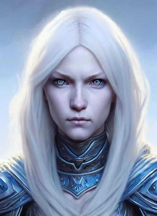 Image similar to a fantasy style portrait painting of shy white female paladin with blonde hair and blue eyes shy, scar under left eye, holy oil painting unreal 5 daz. rpg portrait extremely detailed artgerm greg rutkowski _ greg