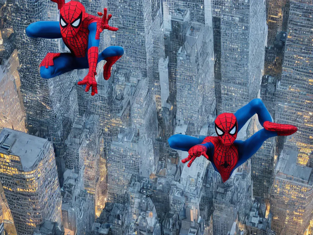 Image similar to spiderman standing on the top of a building at night by andreas roch