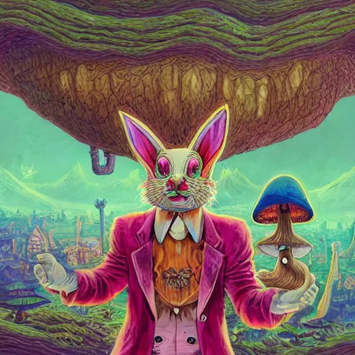 Image similar to 4 k headshot portrait of a psychedelic demonic anthropomorphic bunny rabbit with mushroom themed clothes, magic mushroom village in background by jeff easley, award winning, stylized neon, post - processing, masterpiece, superb resolution. in the art style of junji ito and greg rutkowski. detailed mushroom city in background. hyper realistic anime. perfect art. dalle 2