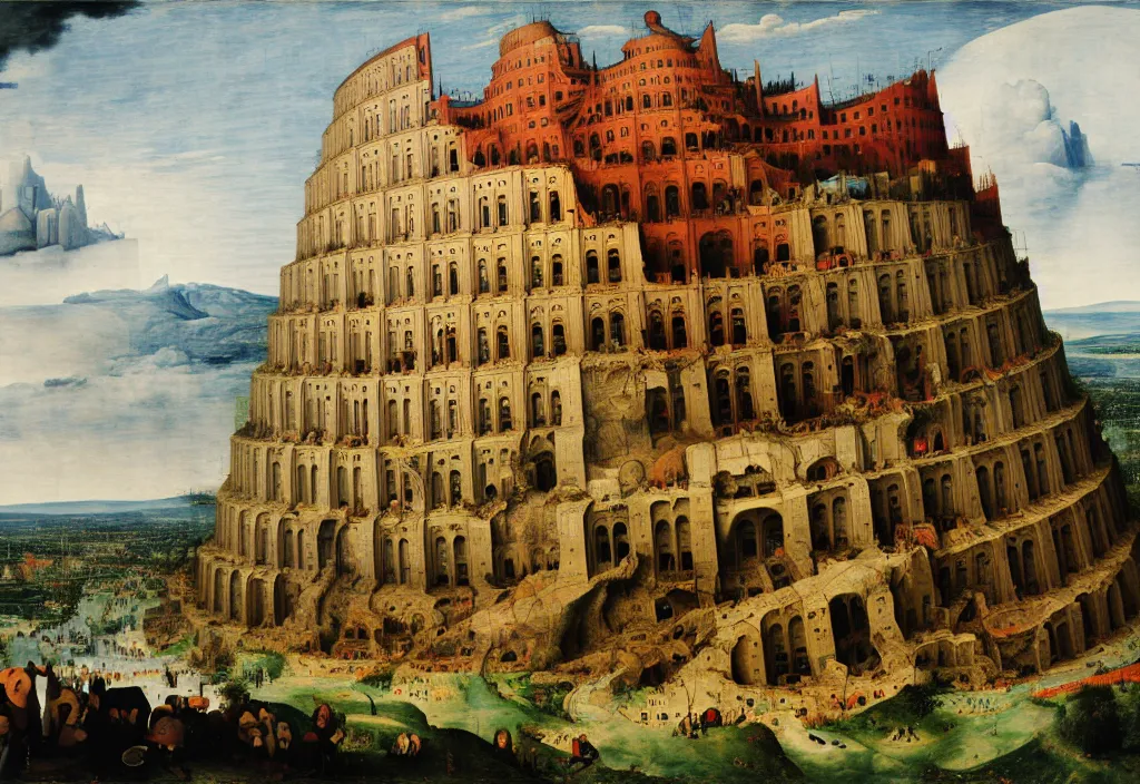 Image similar to the tower of babel after it collapses, by pieter breugel the elder