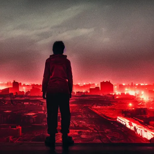 Image similar to a person watching the end of the world, dystopian city, wasteland, red hue