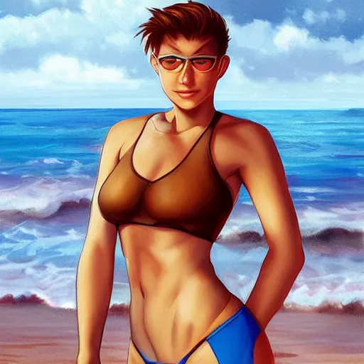 Image similar to A Buff Young Lifeguard at the Beach, short brown hair, brown eyes, slight smile, art by Artgerm, artstation