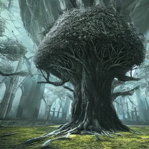 Prompt: a beautiful giant tree growing in the middle of an ancient Victorian library indoors. a magic portal in a tree. darksouls concept art. photo-realistic, rule of thirds