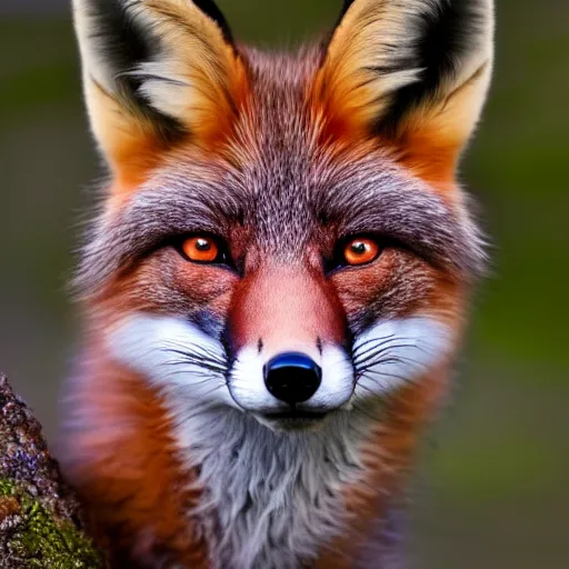 Prompt: A portrait of a surreal-looking fox with glowing blue eyes, focused, soft lighting, extremely detailed 8k, by Alexander Jannson