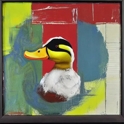 Image similar to a duck on the prowl oil painting robert rauschenberg