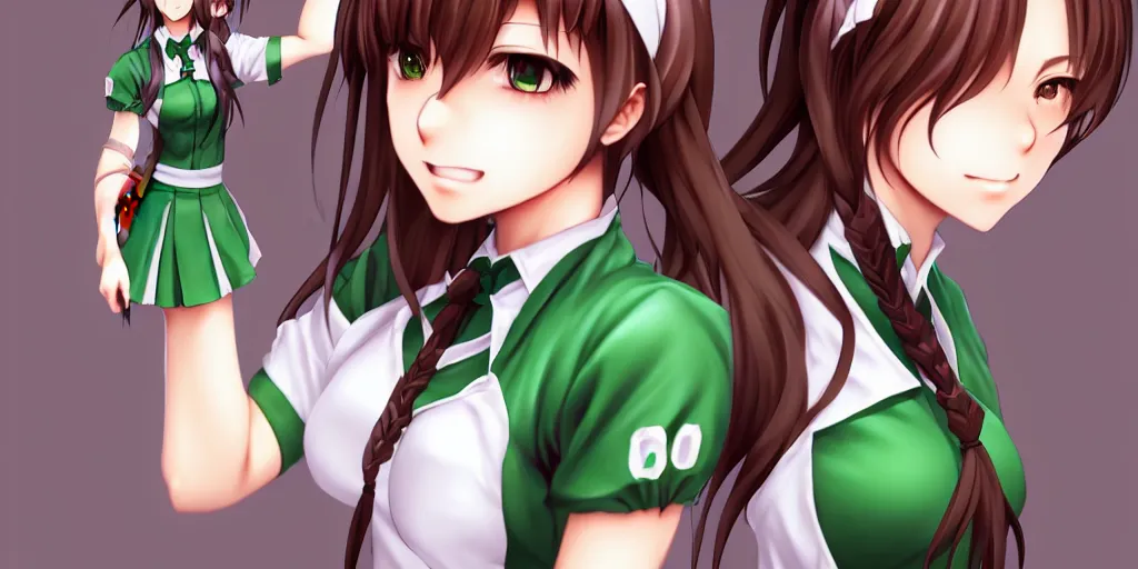 Prompt: full body videogame sprite of a beautiful anime high school girl at the subway, full body, brown hair, ponytail, white ribbon, green eyes, full perfect face, slightly smiling, detailed background, drawn by Artgerm, Sasoura, Satchely, no distorsion