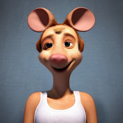 Image similar to 3 d render, portrait, headshot, closeup, anthropomorphic mouse, female, wearing denim short shorts and a off yellow tank top shirt, in the style of flushed away