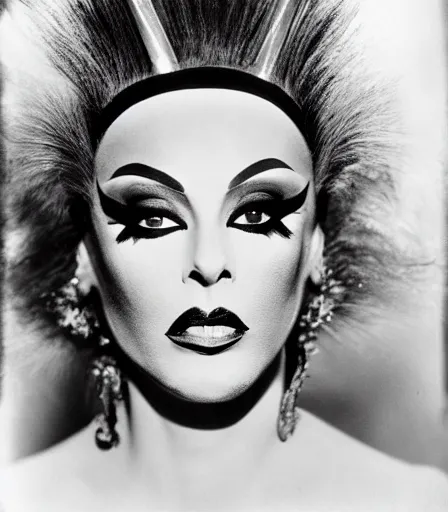Prompt: a high quality, high detail, portrait of a drag queen by richard avedon, intense look in the eyes, moody, nostalgic