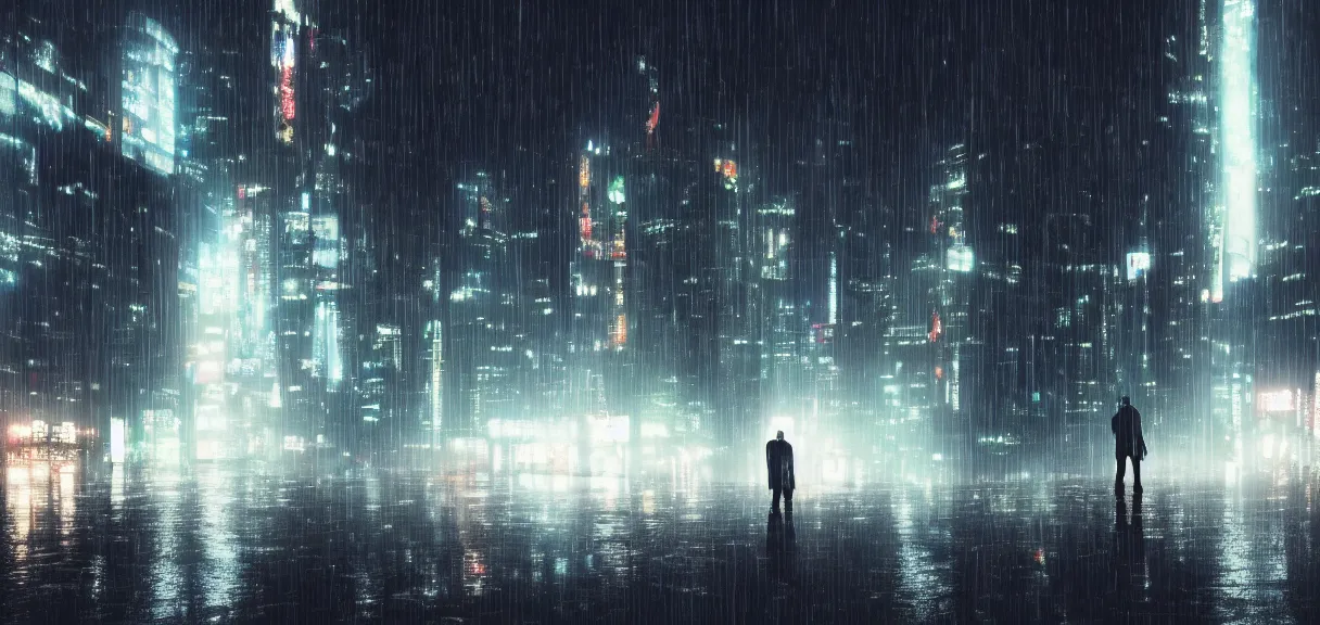 Image similar to shot of the roof with single man sitting on the edge during rain, below impressive cyberpunk night city during great rainy storm with lightning, nightscape, futuristic architecture, realistic photo, neons, blade runner, akira style, cinematic lighting, cinematic angles