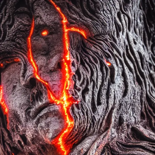 Image similar to beautiful lava human figure, exotic trees, bare bark, dark eyes, low angle mist, high octane, frostbite, 8 k, cinematic, 3 5 mm