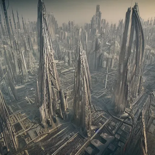 Image similar to photo of a futuristic city made of electronic components by hr giger and zdzislaw beksinski. Very detailed 8k. Unreal engine 5 render with nanite, global illustration and path tracing. Cinematic post processing.