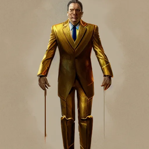 Prompt: a painted portrait of a middle-aged man in a golden suit, D&D, sci-fi, elegant, hopeful, muscular, highly detailed, digital painting, artstation, concept art, smooth, sharp focus, illustration