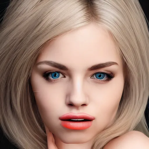 Image similar to a professional young woman cursed with every-increasing beauty intelligence and virtue, photoshoot, real life skin, sharp focus, blonde hair, elegant, trending on artstation, hyper realistic