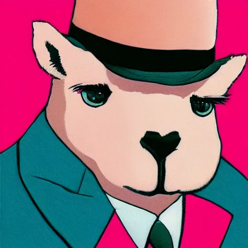 Image similar to portrait of a pink alpaca wearing a suit by Hayao Miyazaki, manga, trending on artstation, beautiful, colorful