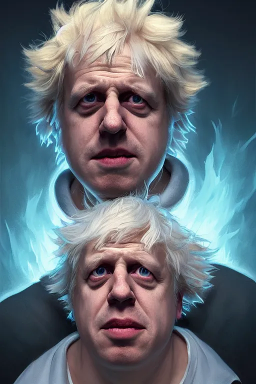 Image similar to Boris Johnson as Rick Sanchez, unibrow, white robe, big eyes, 3d octane render, symmetrical, highly detailed, digital painting, artstation, concept art, smooth, sharp focus, illustration, cinematic lighting, art by artgerm and greg rutkowski and alphonse mucha