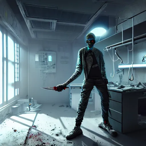 Image similar to confused patient holding a knife in an abandoned cyberpunk medical lab, ultra realistic, concept art, intricate details, eerie, highly detailed, photorealistic, octane render, 8k, unreal engine, art by Ben Evrard
