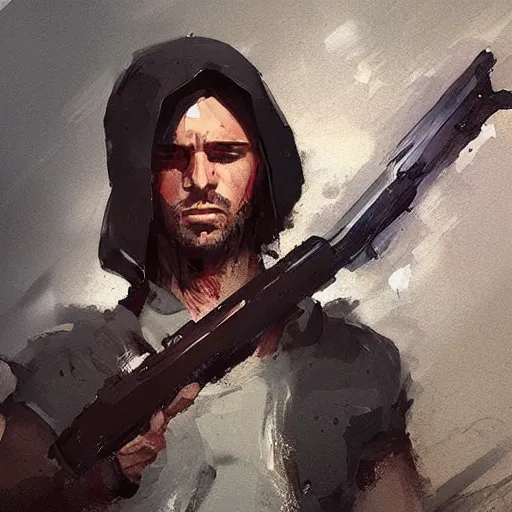 Image similar to tommy k from youtube holding a weapon by greg rutkowski