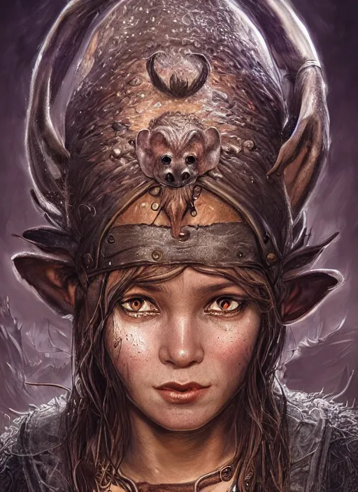 Prompt: gruntly halfling mage with dark skin and a rat-like face ,beautiful detailed eyes, dirty, fantasy, intricate, rough, highly detailed, digital painting, 4k, HDR, concept art, detailed jewelry, smooth, sharp focus, illustration, art by Artgerm, H R Giger and Alphonse Mucha