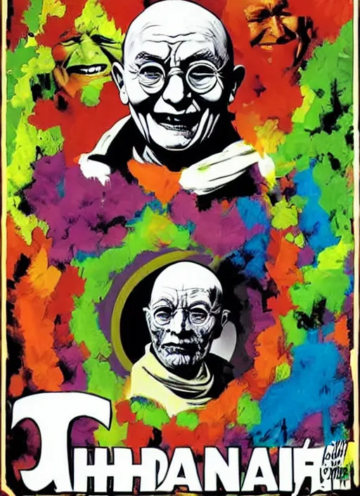 Image similar to Ghandi as the Joker from batman, comic book cover art, bright colourful, detailed, slightly sinister