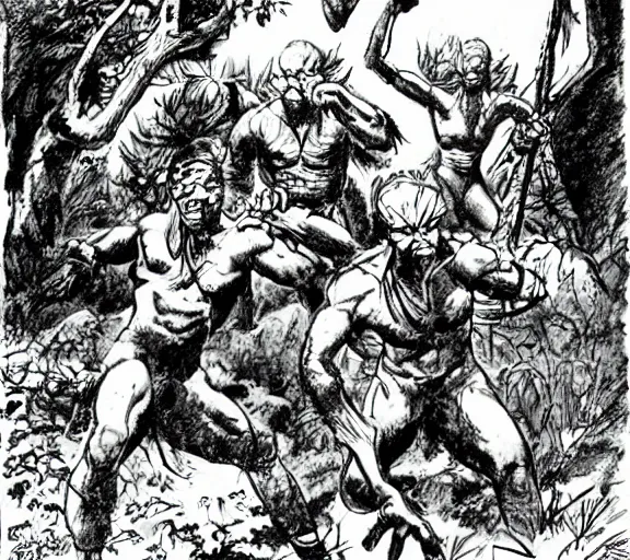 Image similar to four adventurers are chased through the woods, by a group of mantis men, pen and ink, by frank Frazetta