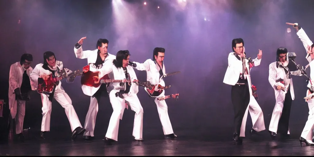 Prompt: on stage that is collapsing several elvis impersonators, photorealistic, by wlop, 4 k resolution