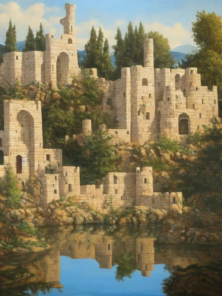 Image similar to an ancient white castle in the turkish style, with the lake reflecting a shadow similar to it. 8 k, oil on canvas, hyperdetailed