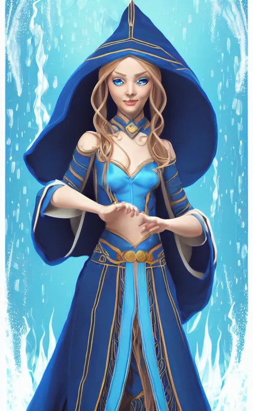 Image similar to elf female sorcerer doing water magic spells, blue robes, exquisite details, full body character design on a white background, by studio muti