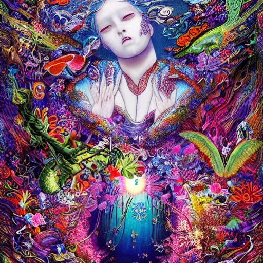 Prompt: spirit coming out of enchanted book surreal beautiful intricate lovely colors in the style of manabu ikeda