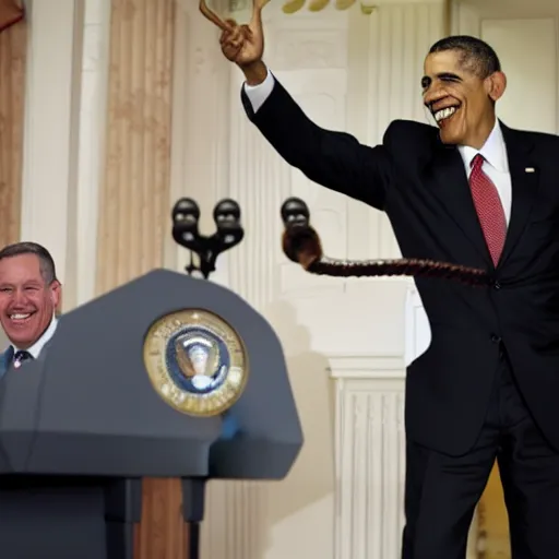 Image similar to presidential photo of Obese Obama holding a gun, press conference, laughing, giggling