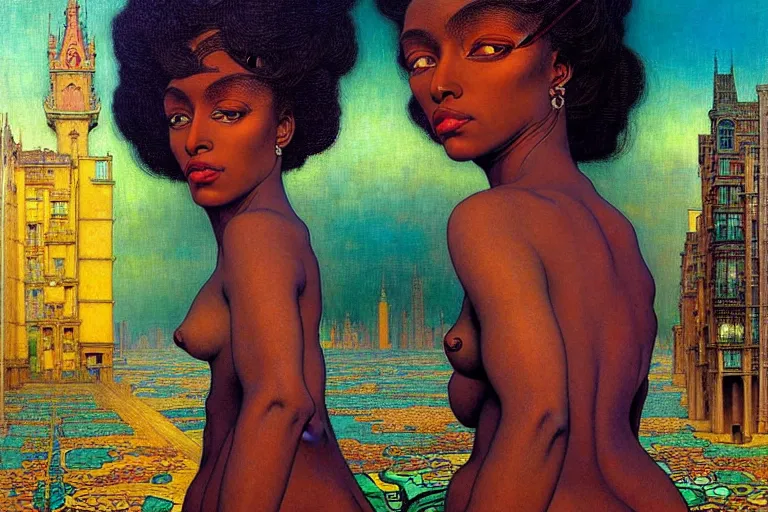 Image similar to realistic extremely detailed portrait painting of a beautiful black woman, city street on background by Jean Delville, Amano, Yves Tanguy, Ilya Repin, Alphonse Mucha, Ernst Haeckel, James C. Christensen, Edward Robert Hughes, Roger Dean, rich moody colours