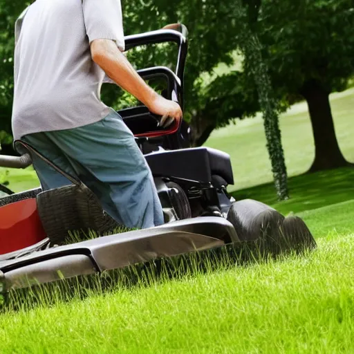 Image similar to a stock photo of a man mowing his lawn, 4 k, detailed face