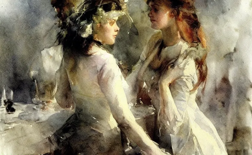 Image similar to watercolor by anders zorn, romanticism, creative, very very very very beautiful art, dramatic and cinematic light