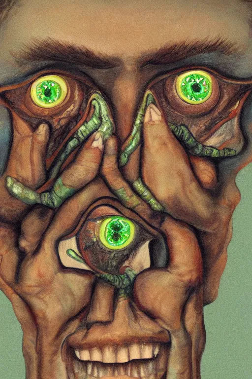 Prompt: a rendered painting portrait of a mutant with six eyes, two noses and three mouths
