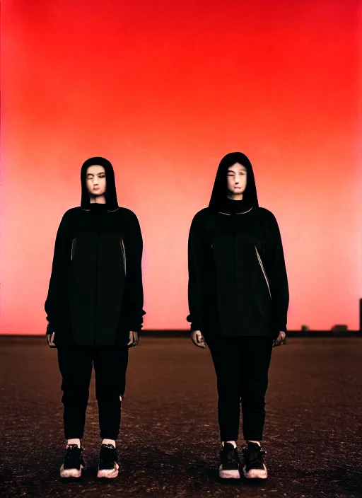 Prompt: cinestill 5 0 d photograph of 2 women wearing black techwear in front of a brutalist sharp - edged metal building, closeup, on a desolate plain with a red sky, dystopia, cyberpunk, 4 k, 8 k, depth of field, high resolution, realistic faces, hd, raw