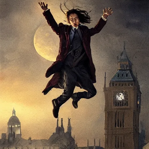 Image similar to frank dillane jumping between rooftops in london, old english clothes, night, full moon, highly detailed, by greg rutkowski