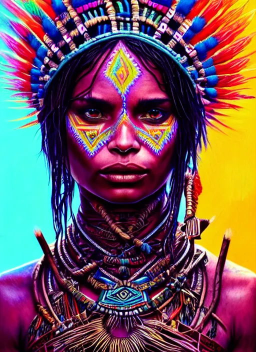 Image similar to portrait of zoe kravitz, hyper detailed ultra sharp aztec shaman warrior. trending on artstation, warpaint aesthetic, bloodwave, colorful, psychedelic, ornate, intricate, digital painting, concept art, smooth, sharp focus, illustration, art by artgerm and greg rutkowski and h. r. giger, 8 k