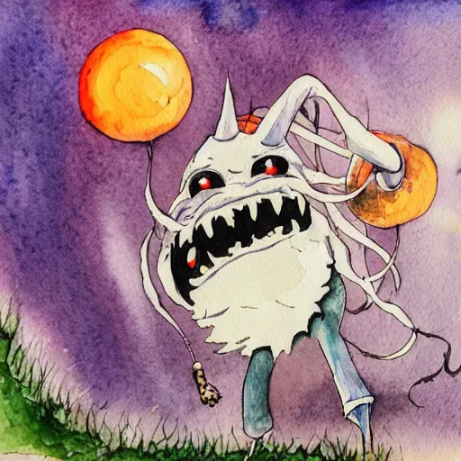 Prompt: whimsical silly watercolor painting of a terrifying demon, in the style of studio ghibli