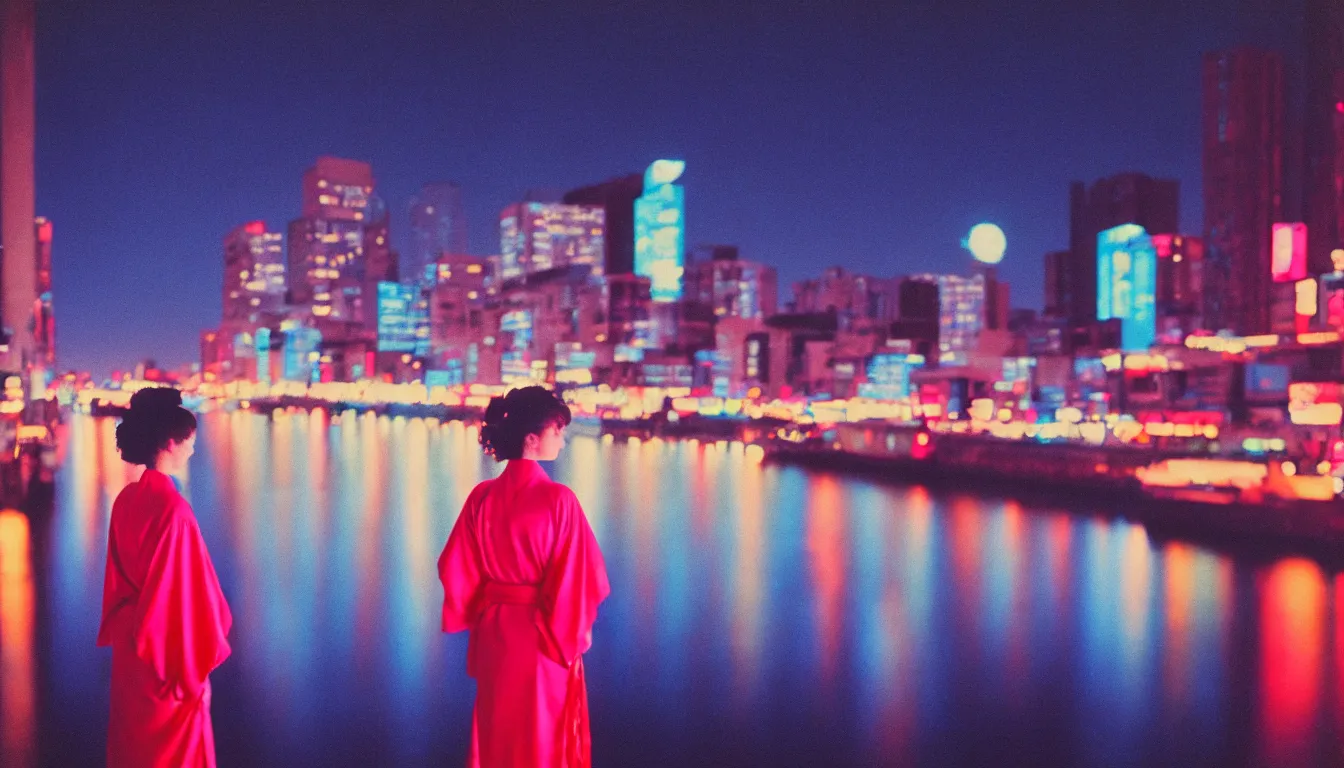 Image similar to 80s neon movie still with a lonely woman in a kimono standing by a river at night with city lights in front of her. She is looking at the city. hyperrealistic, high definition, medium format photography, highly detailed, technicolor, anamorphic 50mm lens