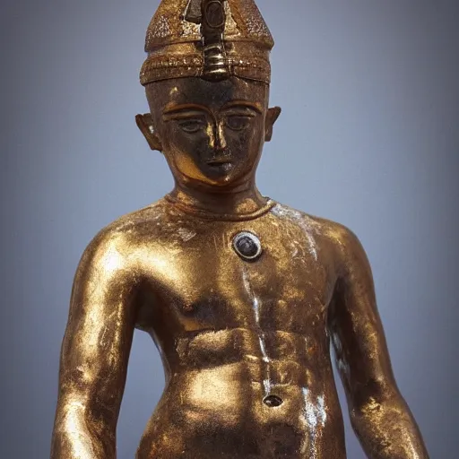 Image similar to Babylonia statue with head covered of gold, chest covered of silver, stomach and thighs covered in bronze, legs and feet covered in iron and clay, award winning photography